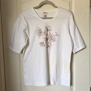 Talbots White Top with Brown Embroidery